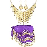 Hicarer Belly Dance Hip Scarf for Women Gypsy Costume Set Hip Skirt Gold Necklace and Earrings Dance Outfit Accessories