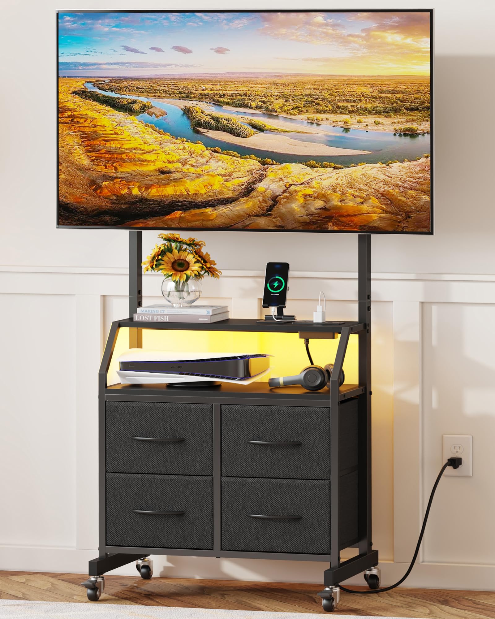 Photo 1 of Rolling TV Stand with Mount & 4 Fabric Drawers - TV Stand with Wheels for 32-75" TV, Entertainment Center & Console Table for Living Room or Bedroom, Modern Television Stand with Storage, Black