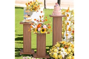 Mxtxmy 3PCS Square Pedestal Stand for Party,Walnut Wood Display Pedestal Stands for Parties,Fluted Plinth Pillars Table Stands for Wedding Birthday Baby Shower Decor Display Plant Stand,Walnut