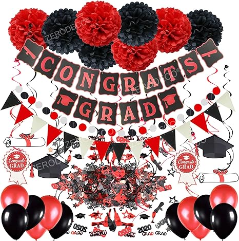 Zerodeco 卒業デコレーション ブラックとレッド おめでとう バナー ペーパーポンポン 吊り下げ渦巻き 卒業紙吹雪 ペーパーガーランド パーティーバルーン 卒業パーティーデコレーション用品 パーティーグッズ おもちゃ Amazon