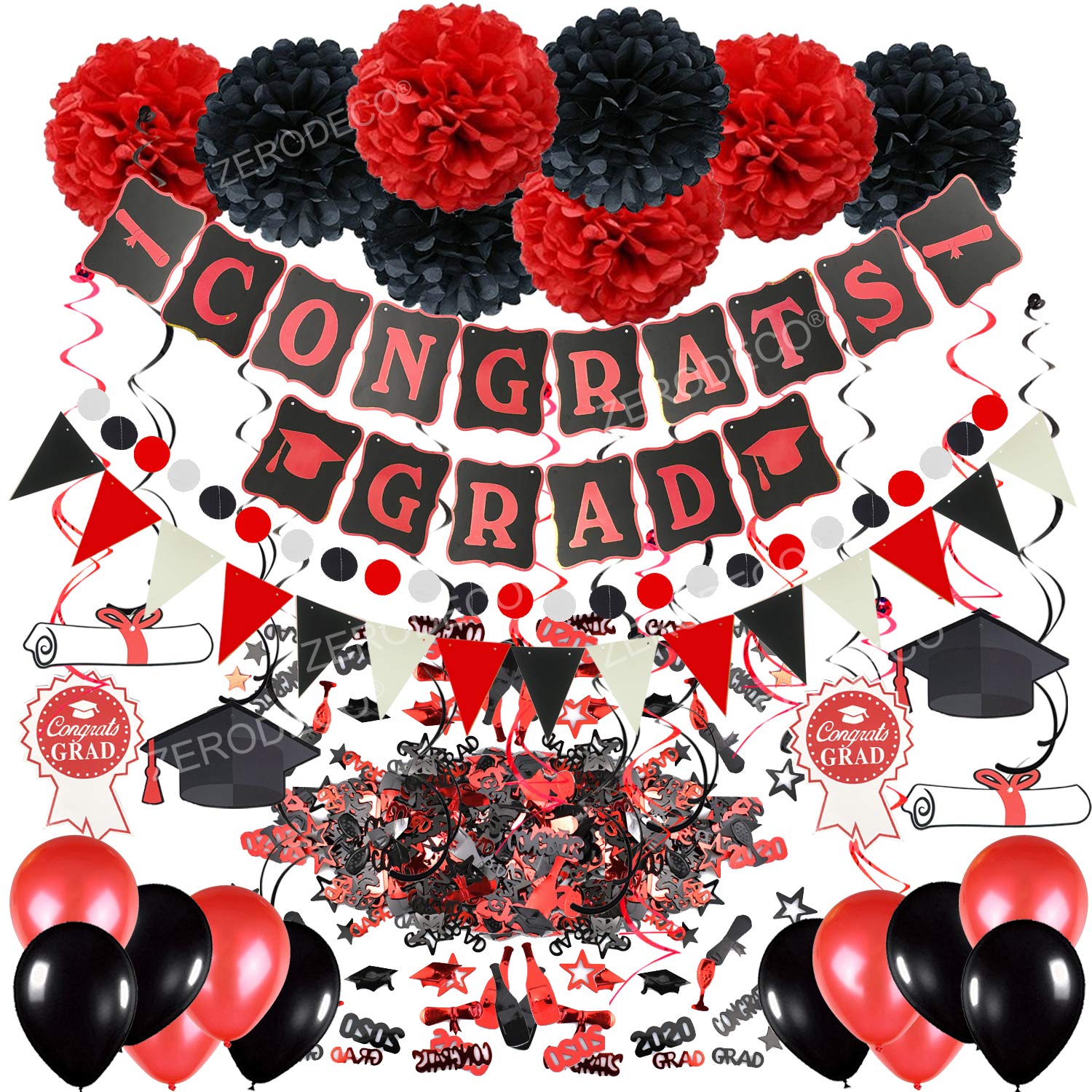 ZERODECO Graduation Decorations, Black and Red Congrats Grad Banner Paper Pompoms Hanging Swirls Graduation Confetti Paper Garland Party Balloons for Grad Party Decoration Supplies
