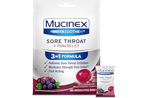 Mucinex Instasoothe Sore Throat Relief, Sore Throat Lozenges, Sore Throat Medicine with Hexylresorcinol, Cough Drops Alternative, 40 Elderberry & Wild Cherry Medicated Numbing Throat Drops