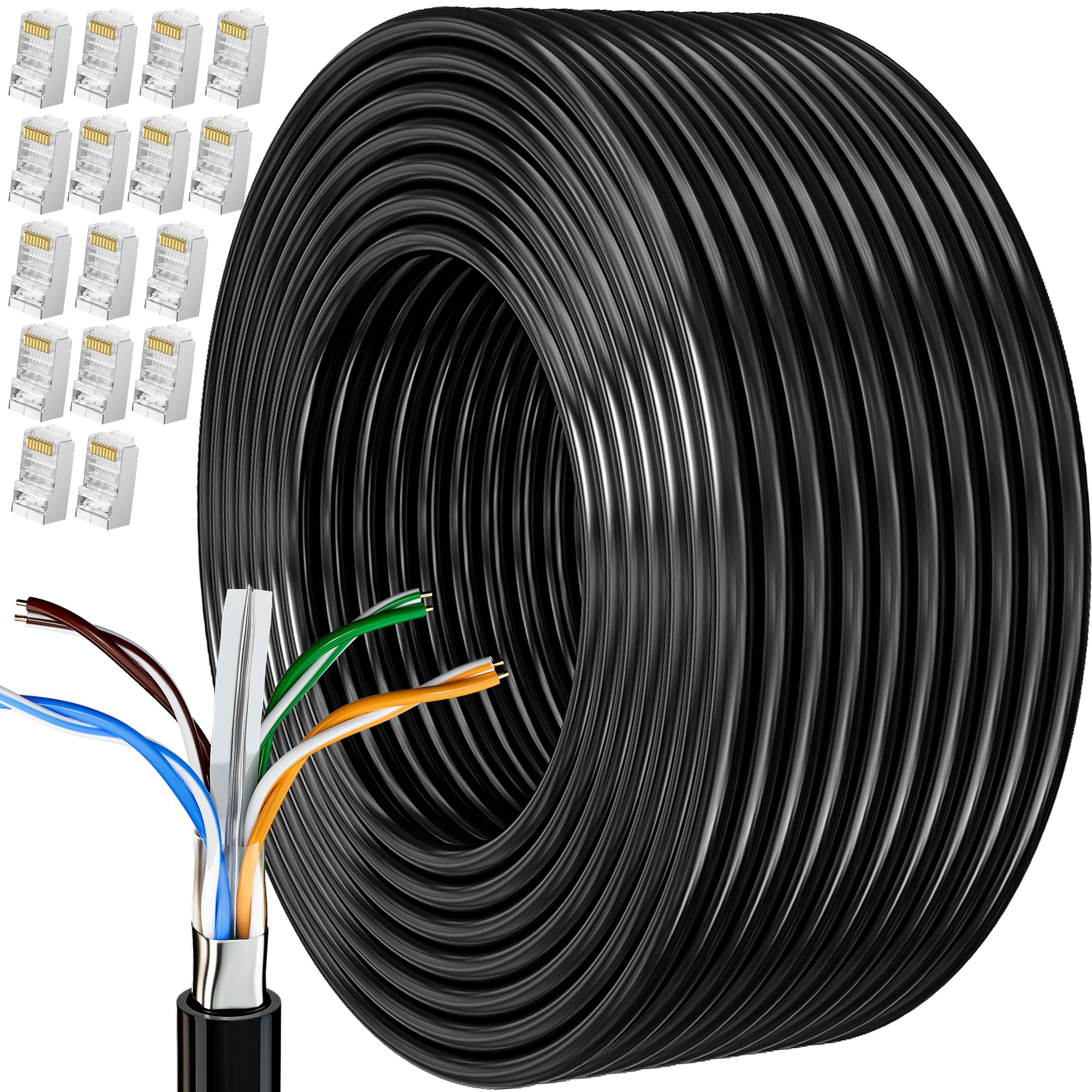 MEIPEK Cat 6 Network Cable 80m, Bulk Ethernet Internet Cable 80 Meters, Shielded FTP 23AWG External Lan Extra Long High Speed Anti-Jamming Weatherproof Rj45 260ft Black