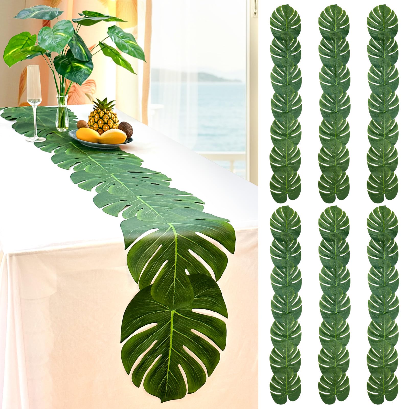 Photo 1 of AerWo 6Pcs Artificial Palm Leaves Green Table Runner, Summer Tropical Leaf Table Runners 72 inches Long for Wedding Moana Jungle Safari Tropical Hawaiian Luau Party Decorations