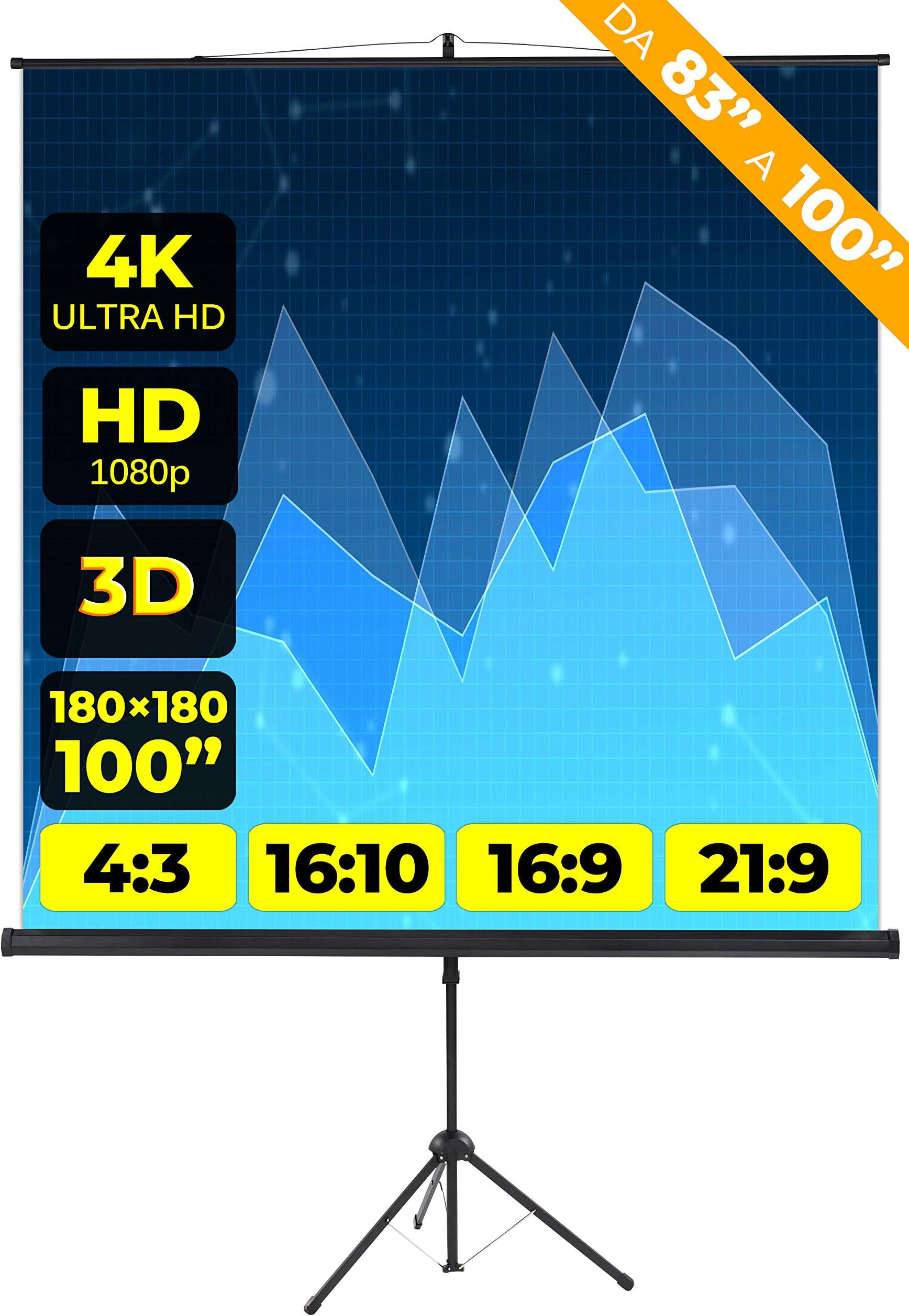 PROVIS Projector Screen Tripod (100 Inches) 200 cm (180 x 180 cm) Format 4:3 16:9 16:10 Lightweight 2 Meters Projection Screen 2 mt Projector Projector Video Projection 2 mt 4K Full HD 3D