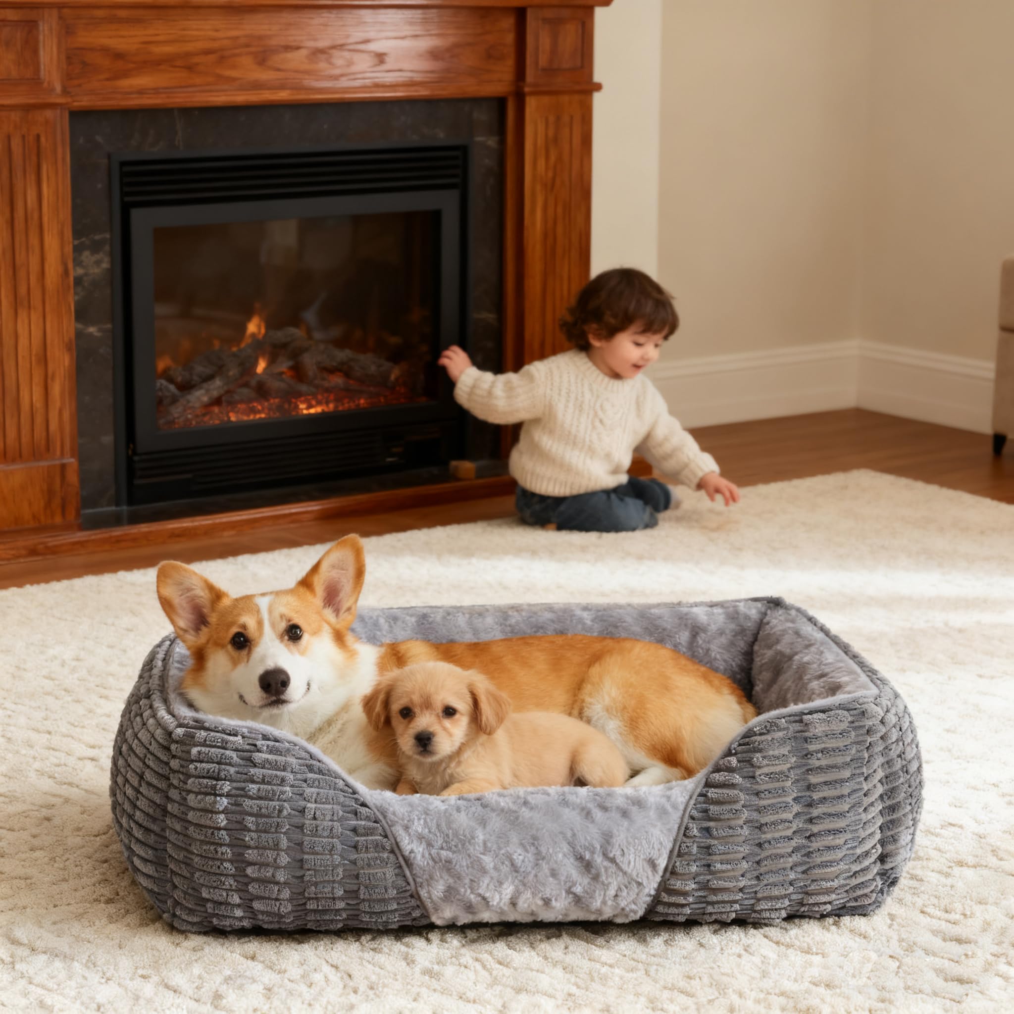 Heymamba Small Dog Bed Puppy Bed with Anti Bite Wheat Spike Design, Dog Cat Bed Small Pet Sofa with Breathable and Skin Friendly Rose Velvet, 51x48x16cm Suitable for Corgi/Chihuahua/French Bulldog