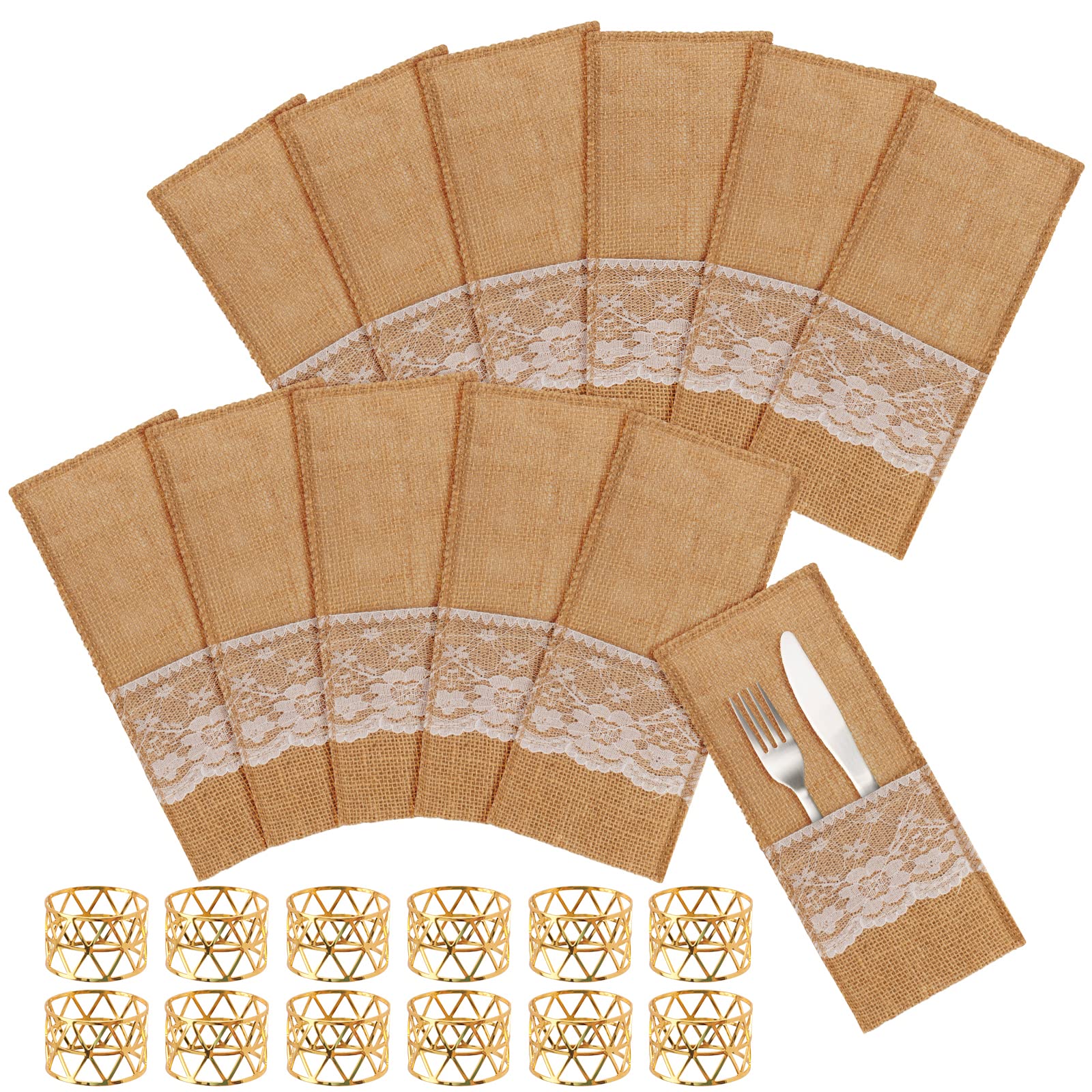 Bubuyun 24Pcs Burlap Lace Utensil Holders, Natural Cutlery Pocket Pouch Holder Knifes Forks for Christmas Dining Anniversary Party Vintage Wedding