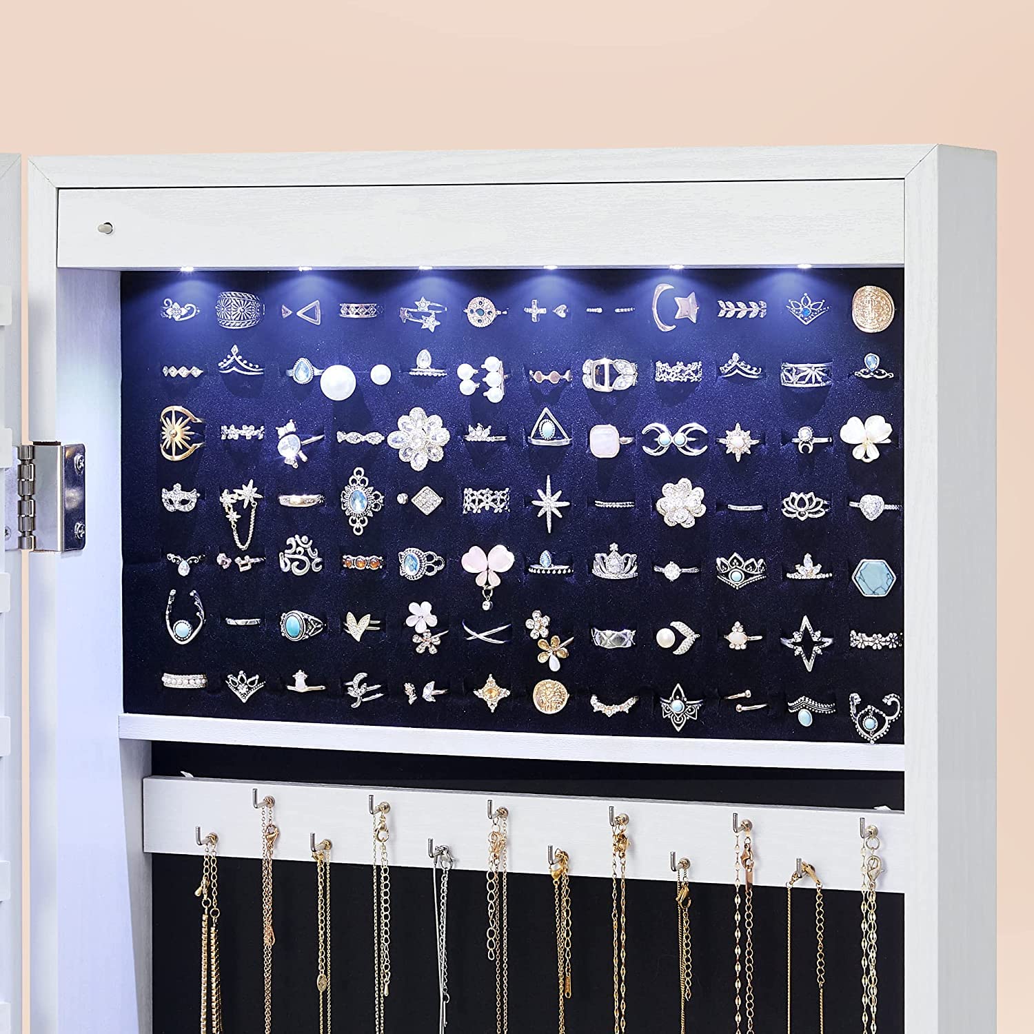 SONGMICS Schmuckschrank hängend, Wandspiegel, 6 LED-Glühbirnen, abschließbarer Spiegelschrank, Wandschrank, Wandmontage, an der Tür hängend, weihnachten, weiß mit Holzmaserung JBC93W 8