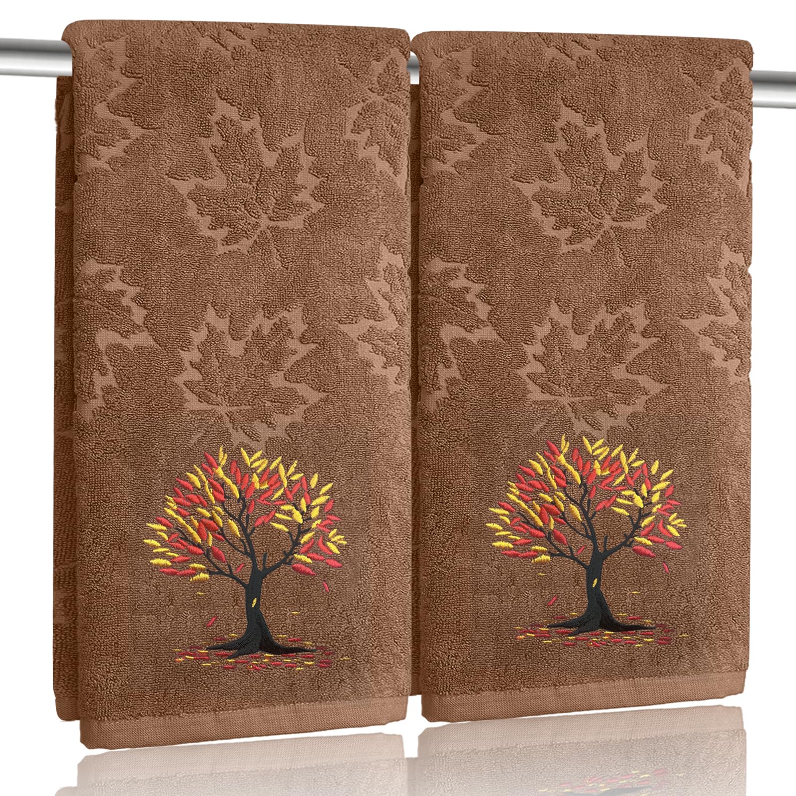 Photo 1 of 2 Pcs Brown Fall Hand Towels for Bathroom 100% Cotton Jacquard Embroidered Autumn Tree Maple Leaves thanksgiving bath towels bathroom kitchen towels decorative gift Holiday Home Decor?Brown Tree?