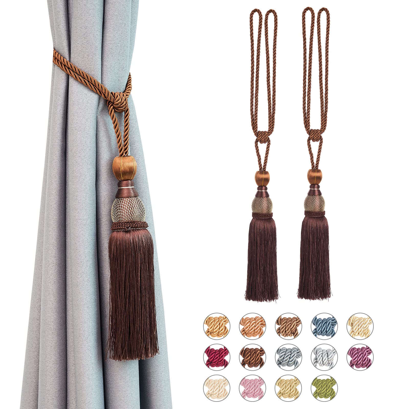 Pretty Jolly 2 Pack Mesh Ball Tassel Curtain Tiebacks European Vintage Style Curtain Holdbacks Handmade Braided Rope Decorative Drape Tie Backs for Home and Office Window Drapery (Deep Coffee)