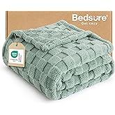 Bedsure Fluffy Throw Blankets for Couch - Sage Green Soft Cozy Cute Plush Checkered Fleece Bed Blanket for Girls Women, Warm 