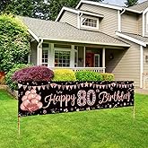 Happy 80th Birthday Banner Decorations for Women, Rose Gold 80 Birthday Sign Party Supplies, 80 year old Theme Bday Photo Poster Decor for Outdoor Indoor