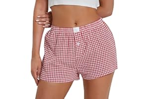 NUFIWI Women Y2k Pajamas Shorts Gingham Cute Pj Short Pants Plaid Lounge Shorts Sleep Bottoms Elastic Boxers Streetwear