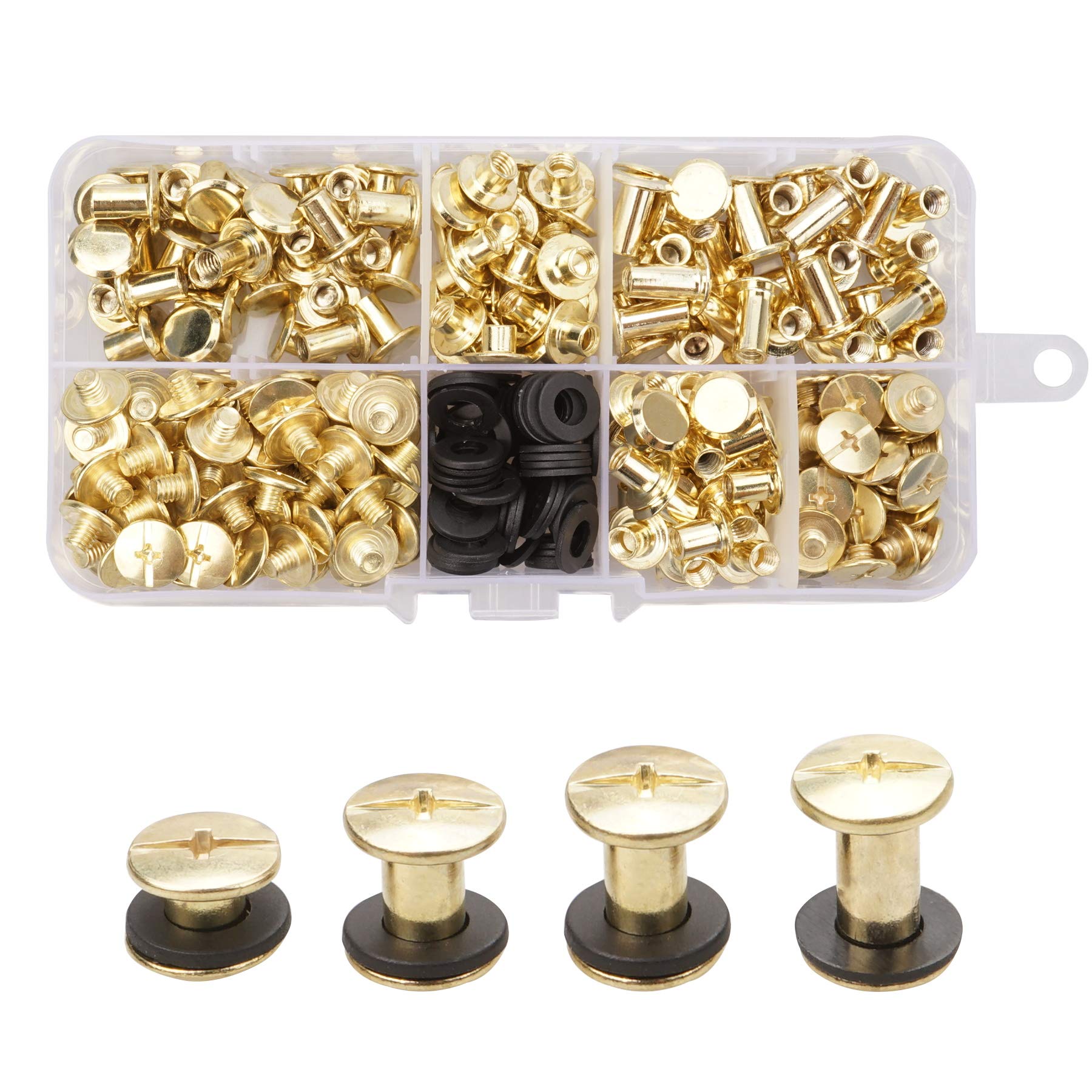 Brass Chicago Screws Binding Kit - 120 Set, 4 Sizes Nail Rivets, Cross Head Screw Post for Leather Craft, Belt, Wallet Decoration, Bookbinding