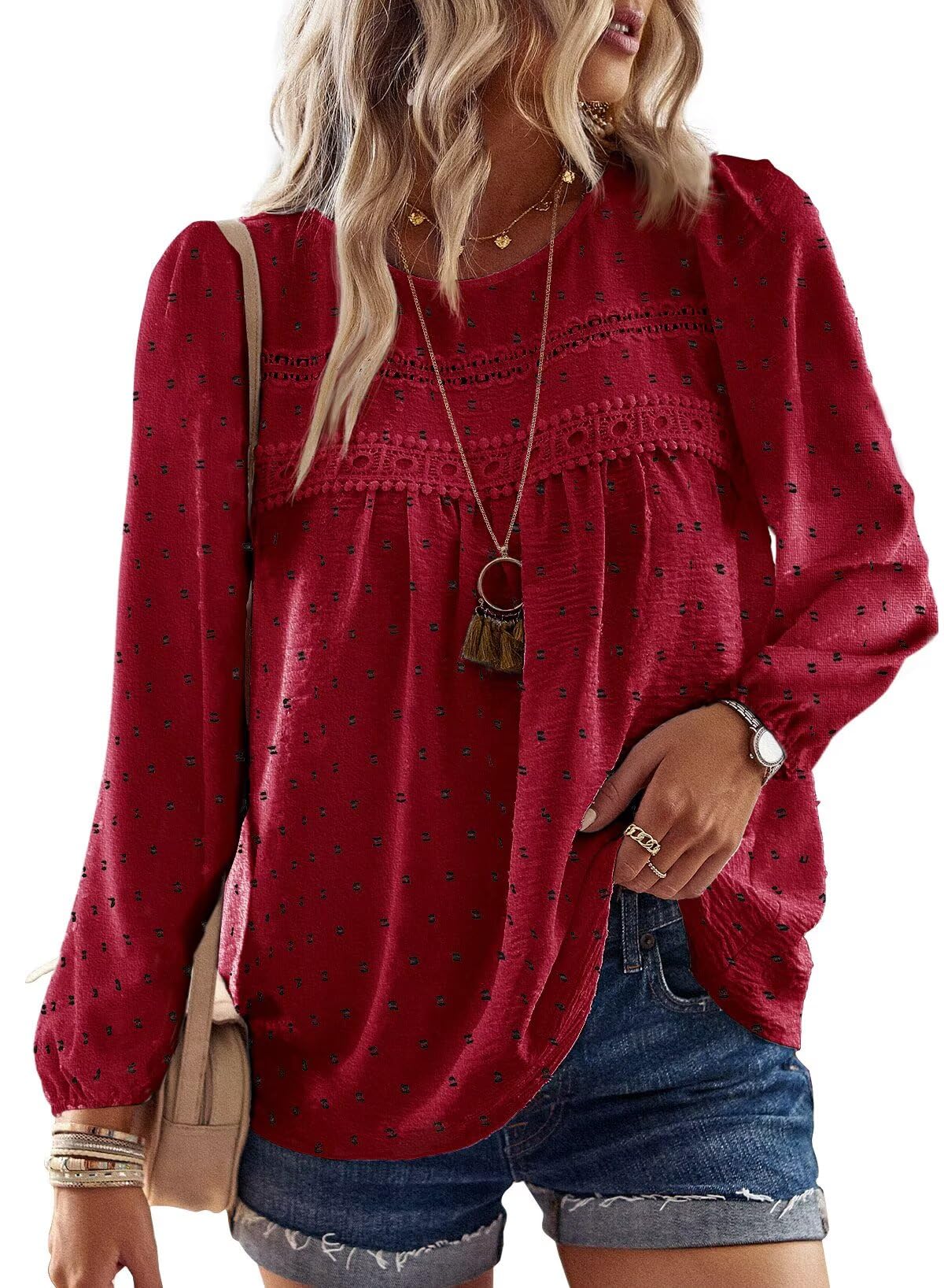 Photo 1 of Falechay Red-Black Dots Tops Crew Neck Long Sleeve Tunic Shirts Flowy Spring Shirts for Women Tassel Trendy Dressy Blouses Loose Babydoll Oversized Clothes M
