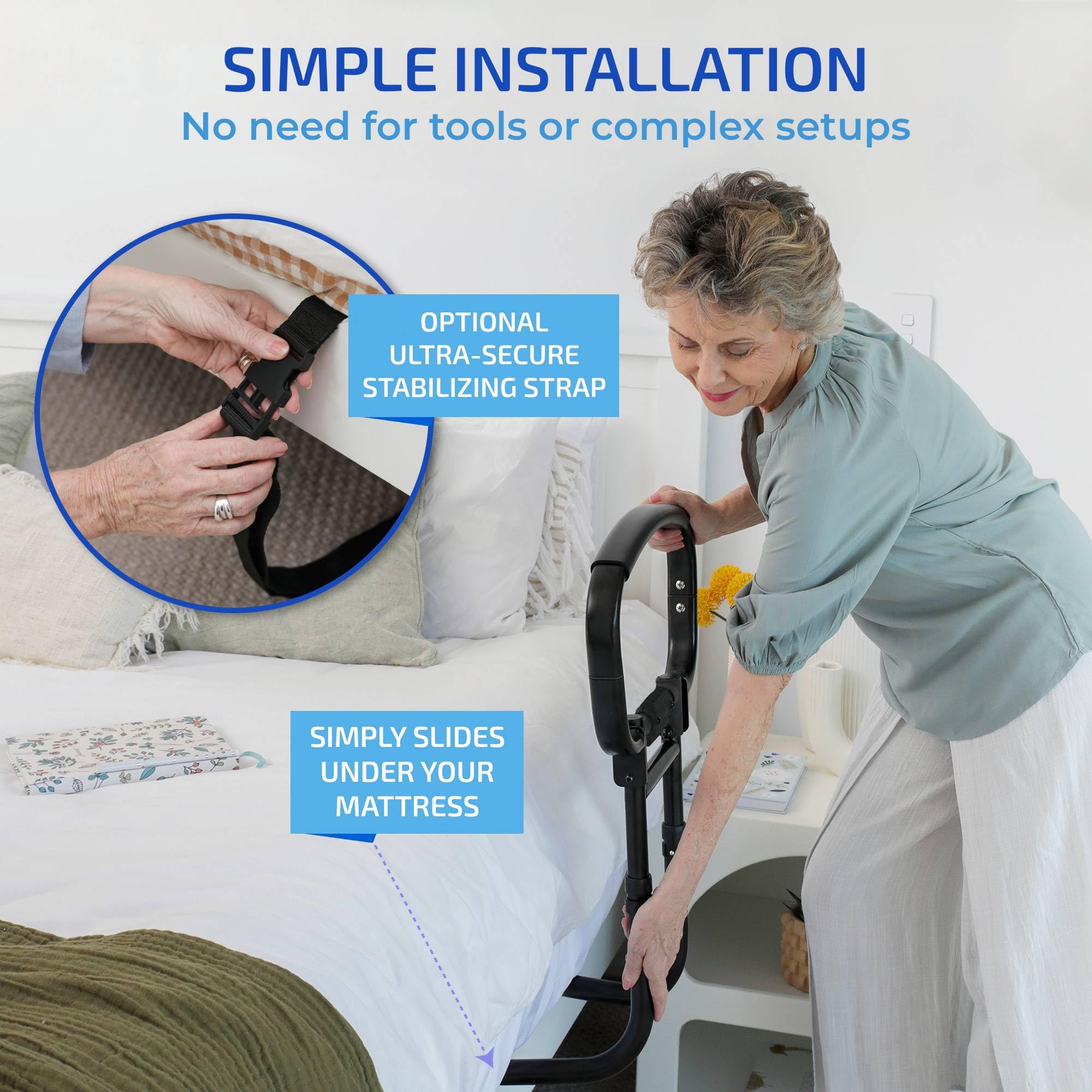Sturdy Bed Rails for Elderly Adults Safety - Foldable & Adjustable Bed Rail - Supports up to 330lbs - Free Motion Light & Storage Bag - Fit King, Queen, Full, Twin - Bed Guard Rail for Seniors WELLORA