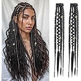 REECHO Clip in Braid Hair Extensions for Women, 16" Boho Dreadlock Clip in Braids with Beads & Charms, 2PCS Synthetic Braided Hairpieces for Cosplay Daily, Black with Gray