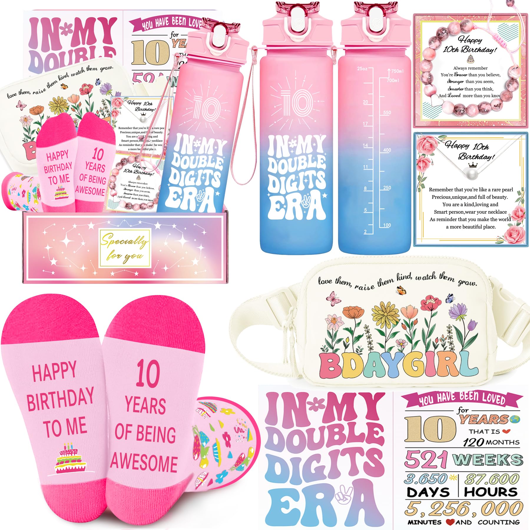 Photo 1 of 10 Year Old Girl Birthday Gifts, Gifts for 10 Year Old Girls, 6 Pieces Double Digits Birthday Girl Basket Set , Cool 10TH Birthday Decorations Gift for Daughter, Sister, Niece, Granddaughter.