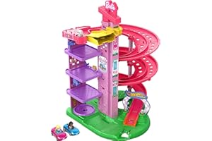 Hot Wheels RacerVerse Barbie Spiral Race Playset avec Barbie « Malibu » et Barbie « Brooklyn », 5 niveaux, double piste