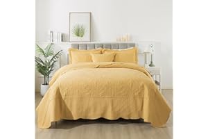 HoneiLife California King Quilt - Oversized King Bedspreads 128x120, 4-Piece Cal King Quilt Sets,Rustic Bedding Sets King Size,Reversible Coverlets Lightweight Bed Cover for All Season Use-Yellow