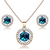Uloveido Women's Rose Gold Plated Square Cube Crystal Necklace and Stud Earrings Set Wedding Party Jewelry Set for Girl Y453 (Red, Blue)