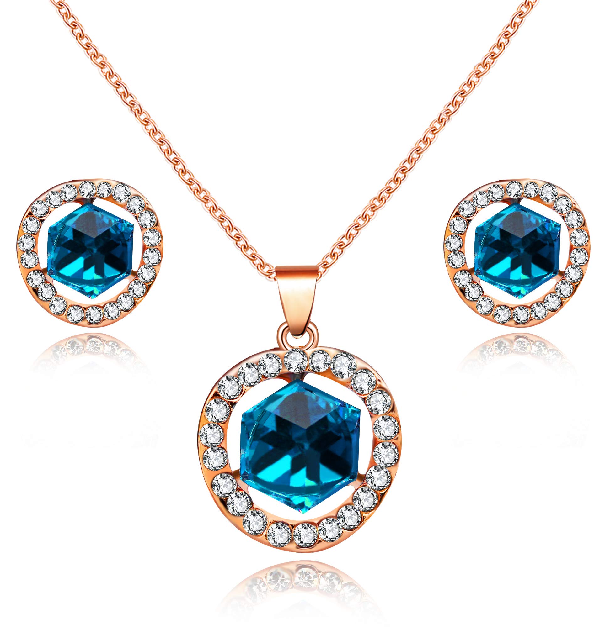 Uloveido Fashion Blue Cube Crystal Bridal Jewelry Set Rose Gold Plated Rhinestone Circle Round Pendant Necklace Stud Earrings Set for Bridesmaid Y453 (Blue)
