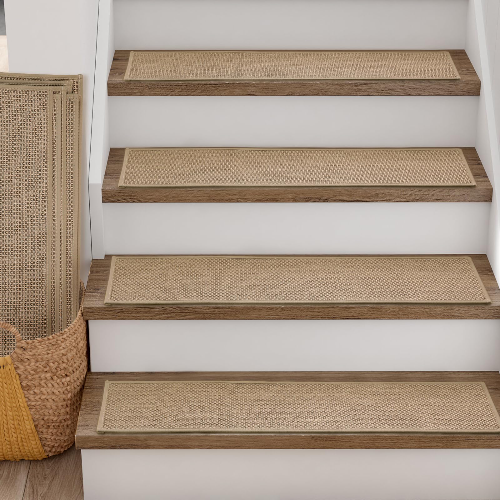 Photo 1 of RIOLAND Linen Carpet Stair Treads for Wooden Steps Indoor 9" x 36" Non Slip Stair Runner for Wood Stair Peel and Stick Stair Rugs for Kids Elders and Dogs, 15 Pack