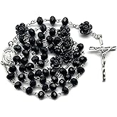 Rosary Pearl Beads Necklace for Women,First Communion Catholic Rosary Prayer Gifts for Men Women Our Rose Lourdes Medal and Cross Rosary Crucifix Necklace