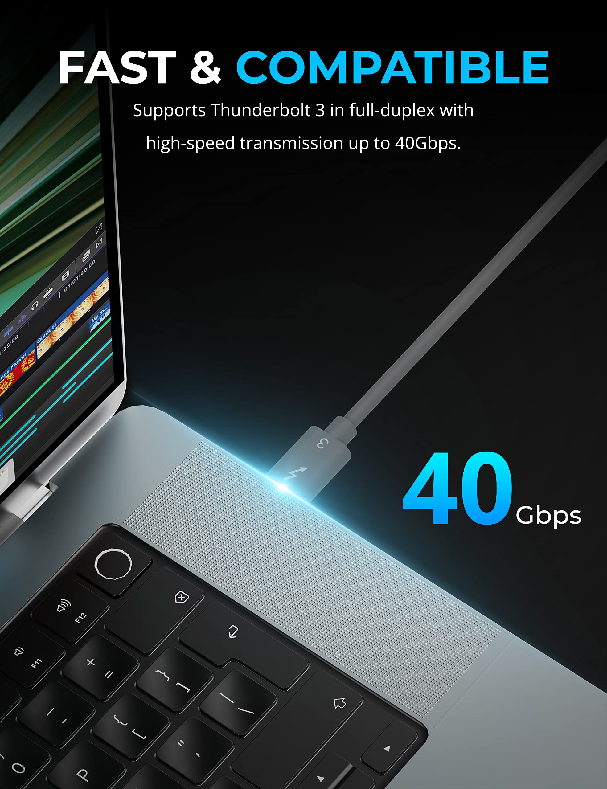 SABRENT usb c Thunderbolt 3 cable 100W (Intel certified) 40Gbps, USB-C tb3 for a super fast transfer and charging, Docking station, Laptops, MacBooks, Galaxy S22 S21 S20, and more, 20cm (CB-T320-GRY)