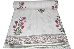 V Vedant Designs Indian Block Floral Print Twin Size Kantha Quilt Kantha Blanket Bed Cover Kantha Bedspread Bohemian Bedding Kantha Blanket (Multi, Twin)