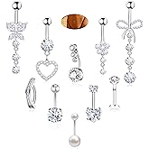 BSJ4U 10 Pcs Gold Plated Silver Belly Button Ring Dangle Hypoallergenic Surgical Stainless Steel Belly Rings for Women CZ Floating Clicker Heart Pearl Bow Flower Butterfly Navel Piercing Jewelry Dangly Navel Ring