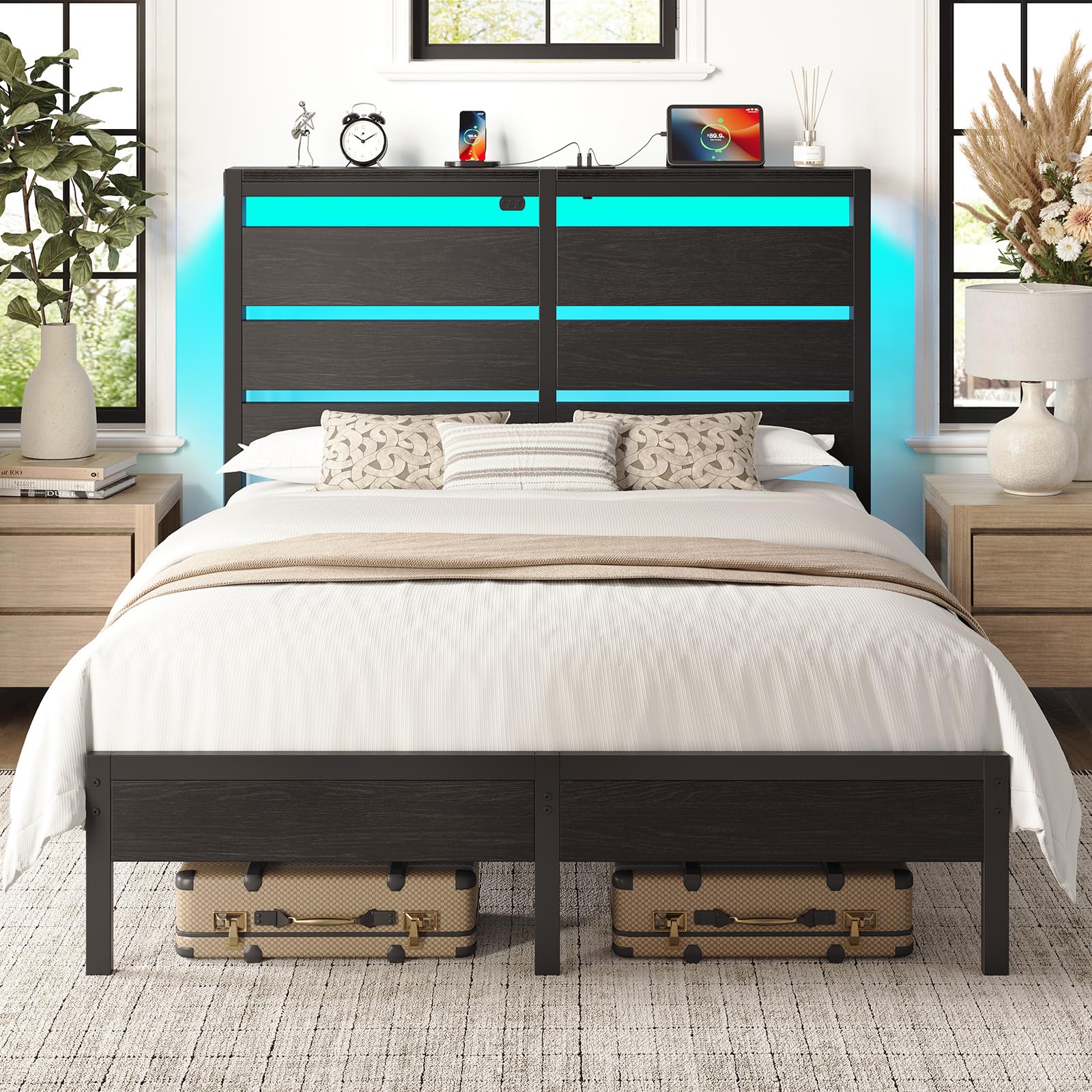 Rolanstar Queen Bed Frame with LED Lights and Charging Station, Wood Storage Headboard and Under Bed Storage, Metal Platform, Noise Free, No Box Spring Needed, Balck Oak Image