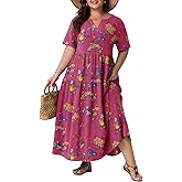 OLRIK Plus Size Maxi Dresses for Curvy Women - Flowy Boho Summer Dress with Pockets, V-Neck Short Sleeve for Beach Vacation