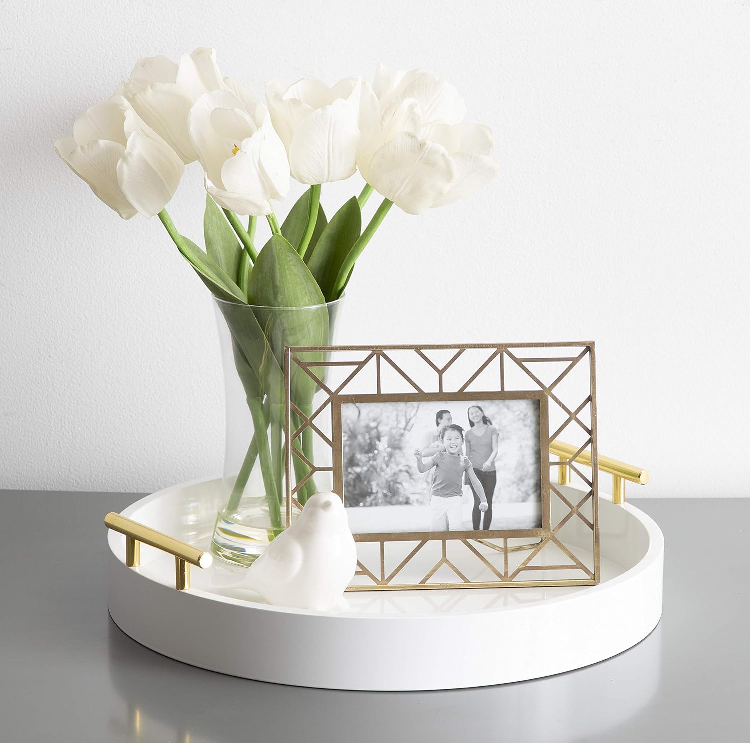 Kate and Laurel Lipton Round Decorative Tray with Metal Handles, 15.5" Diameter, White: Home & Kitchen