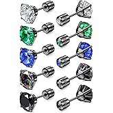 FIBO STEEL 5 Pairs Titanium Screw Back Surgical Stainless Steel Stud Earrings for Women Men, Rainbow 5A Cubic Zirconia Sleep Hypoallergenic Stud for Sensitive Ears