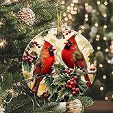 Cardinal Red Berry Ornaments Round Ceramic Hanging Ornament Christmas Keepsake Decor for Xmas Tree Winter Holiday Xmas Gift for Women Men 3"