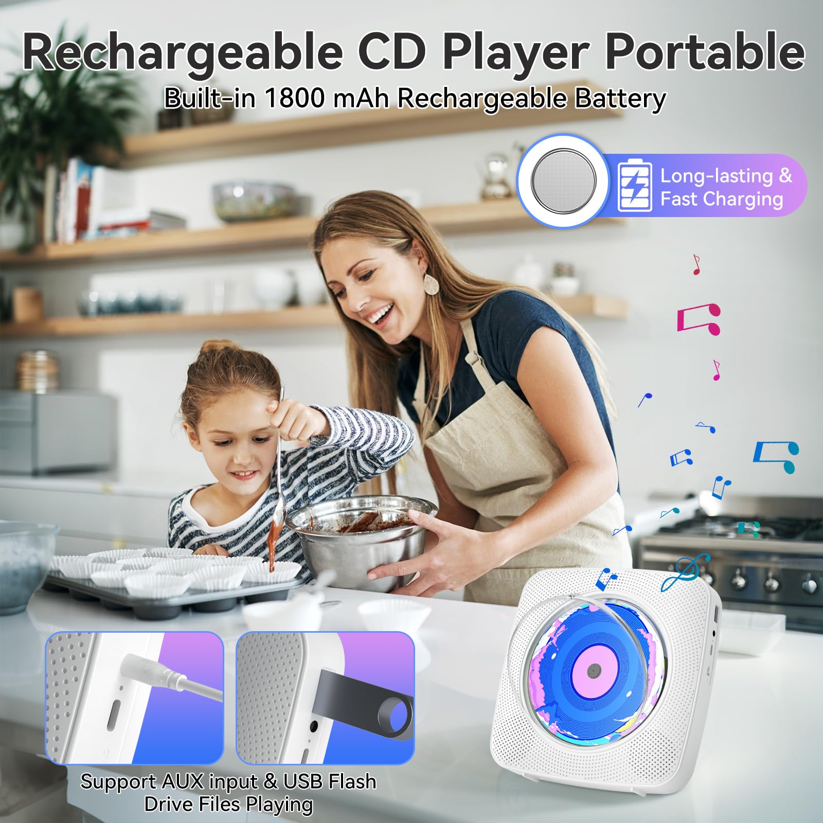 CD Player Portable Bluetooth Rechargeable: CD Players for Home with 1800mAh Kegaudio Desktop Wall CD Player with Speakers FM Radio USB Remote Control