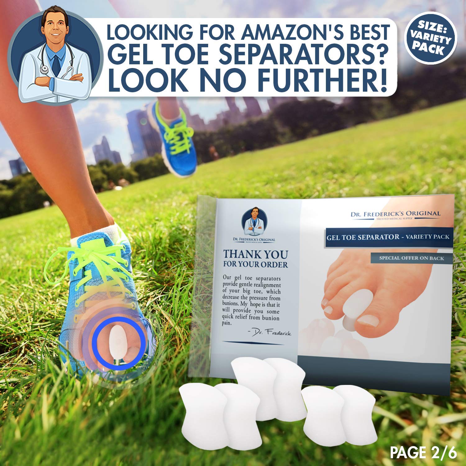 Dr. Frederick’s Original Gel Toe Separators - 6 Pieces - Variety Pack - Bunion Treatment - Small, Medium and Large Sizes: Health & Personal Care