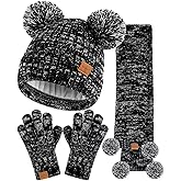 Kids Winter Hat Gloves Scarf Set, Girls Toddler Children Beanie with Pom Knit Neck Warmer Gaiter Mittens Fleece Lined Set