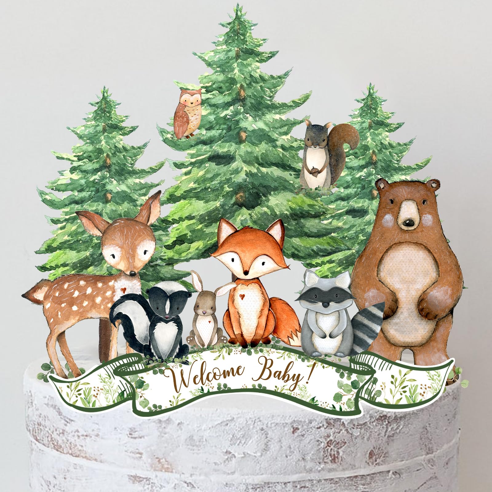 Photo 1 of 12Pcs Woodland Cake Topper, Welcome Baby Slogans Baby Shower Cake Topper, Woodland Toppers Forest Animal Baby Shower Decorations, Boy Girl Party Supplies