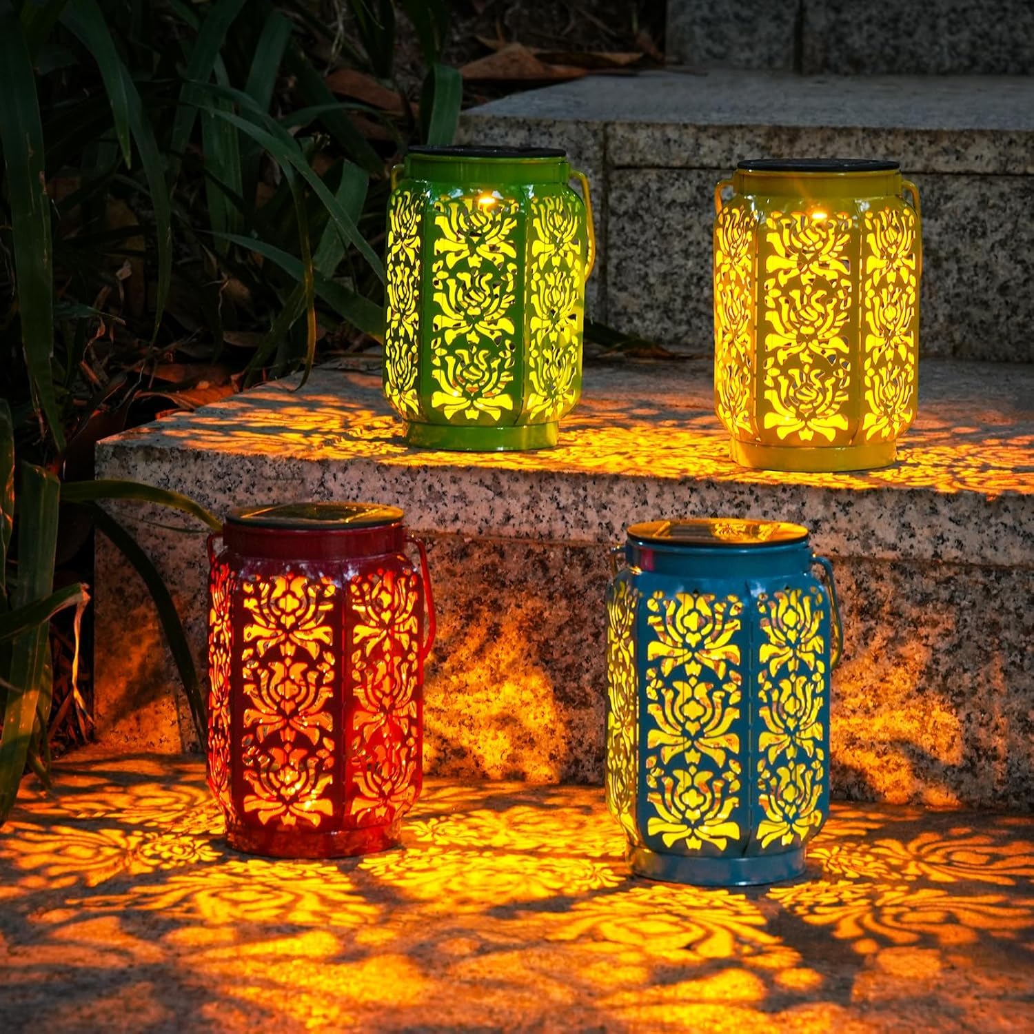 Solar Lanterns Outdoor 4 Pack, IP44 Waterproof Rose Solar Lanterns Mothers Day Gifts Outdoor Lights Garden Decor, 4 Colors LED Hanging Lantern with Handle for Outside Patio Yard Table Fence Image