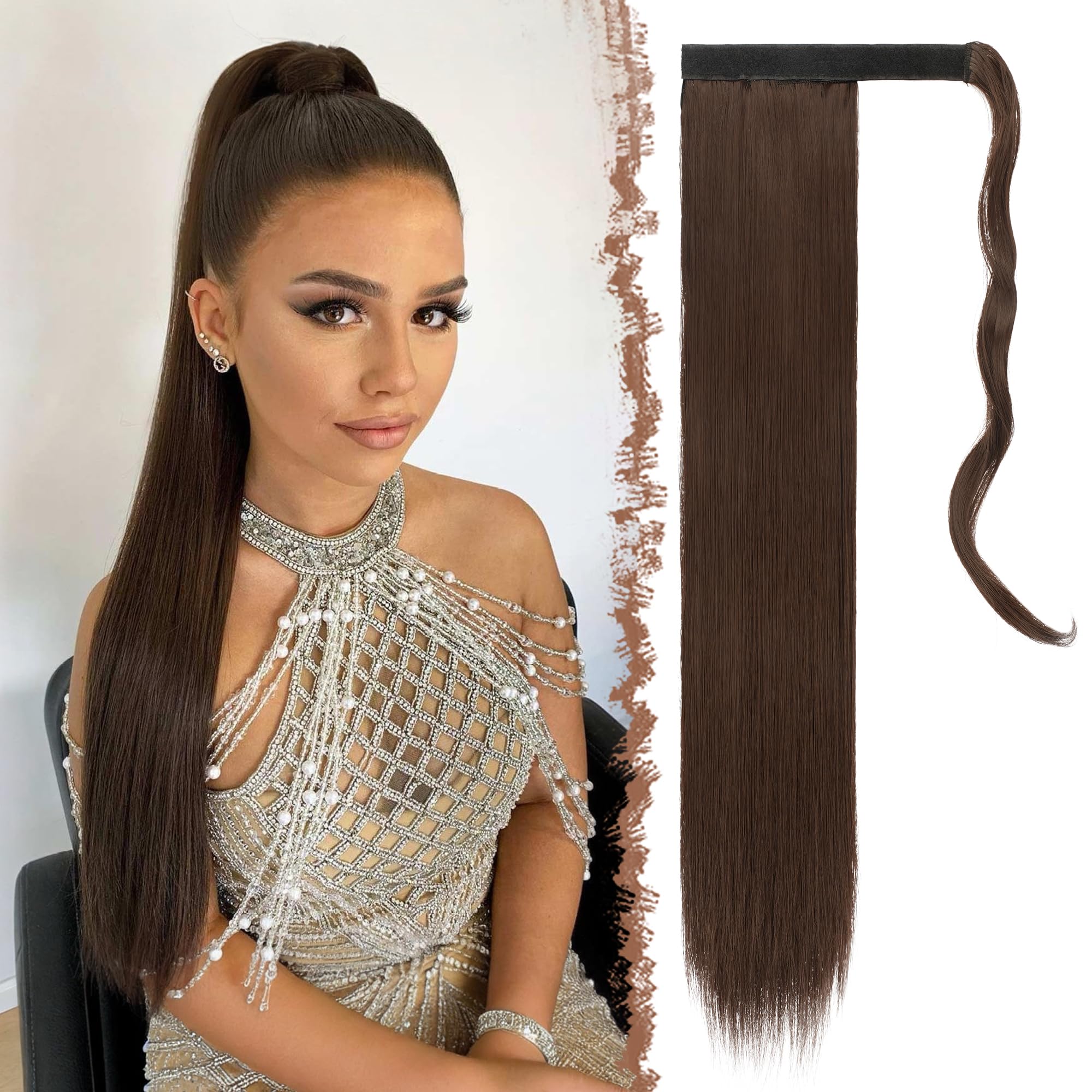FESHFEN Straight Ponytail Extensions Long Wrap Around Ponytail Synthetic Clip in Pony Tail Hair Extensions Medium Brown Hairpiece for Women, 28 inch