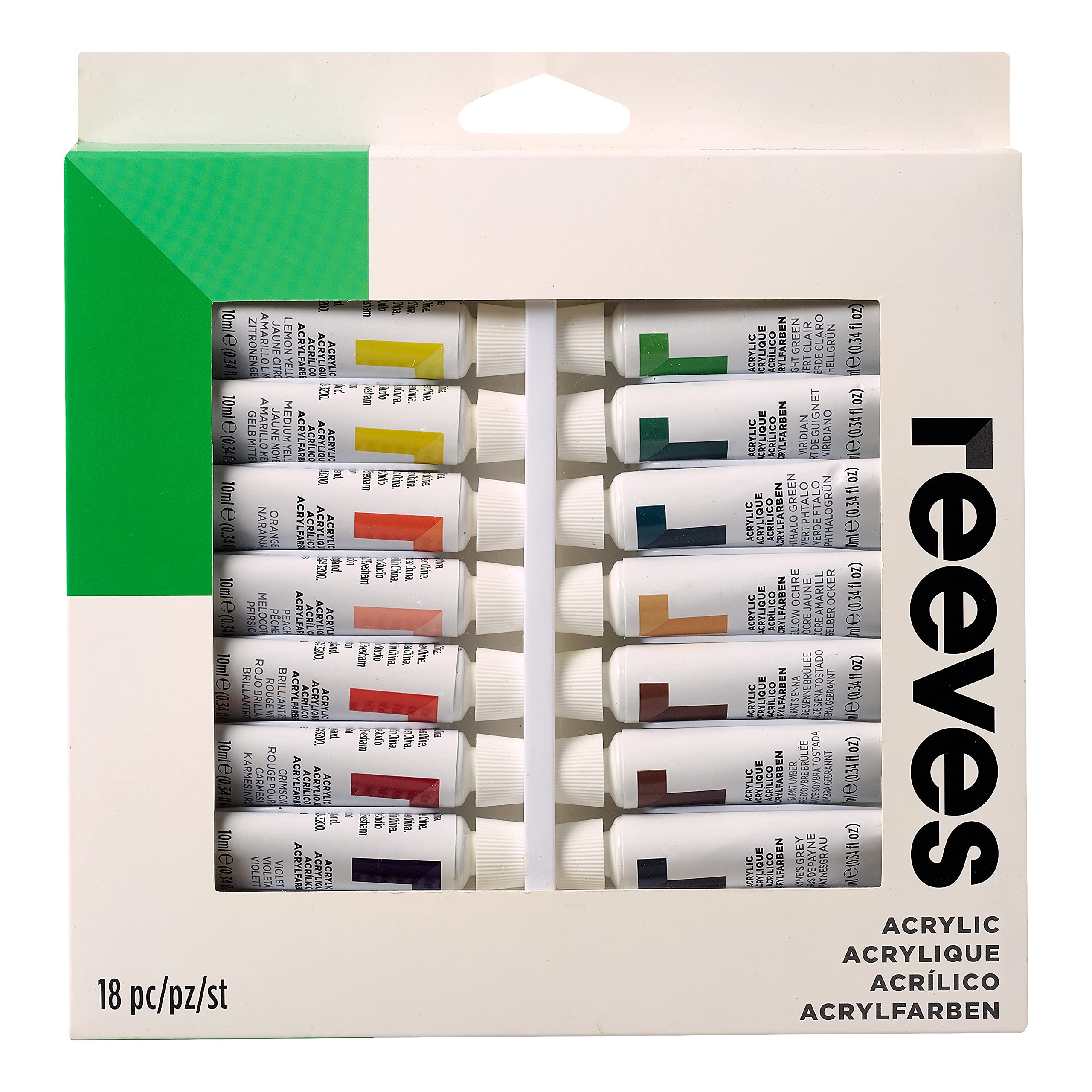 Reeves Acrylic Paint Set - Highly Pigmented Colours - Water-Based Colour Paints for Artists - Art Supplies for Adults & Kids - Suitable for Canvas, Fabric, Metal & More - 18 x 10ml Pack