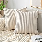 EMEMA Throw Pillow Covers Corduroy Decorative Soft Striped Square Cushion Covers Spring Pillowcases for Couch Sofa Bedroom Chair Car 16x16 Inch Pack of 2, Cream White