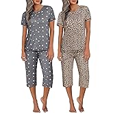 Ekouaer 2 Pack Women's Capri Pajama Sets Short Sleeve Two-Piece Pjs V Neck Tops & Pants Printed Lounge Sets S-3XL