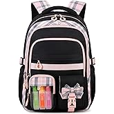 QIXIHU Girls Backpack, 17-Inch Bookbag for Middle & Elementary School, Kawaii Kids Backpack for Girls Ages 6-12(Black Pink)