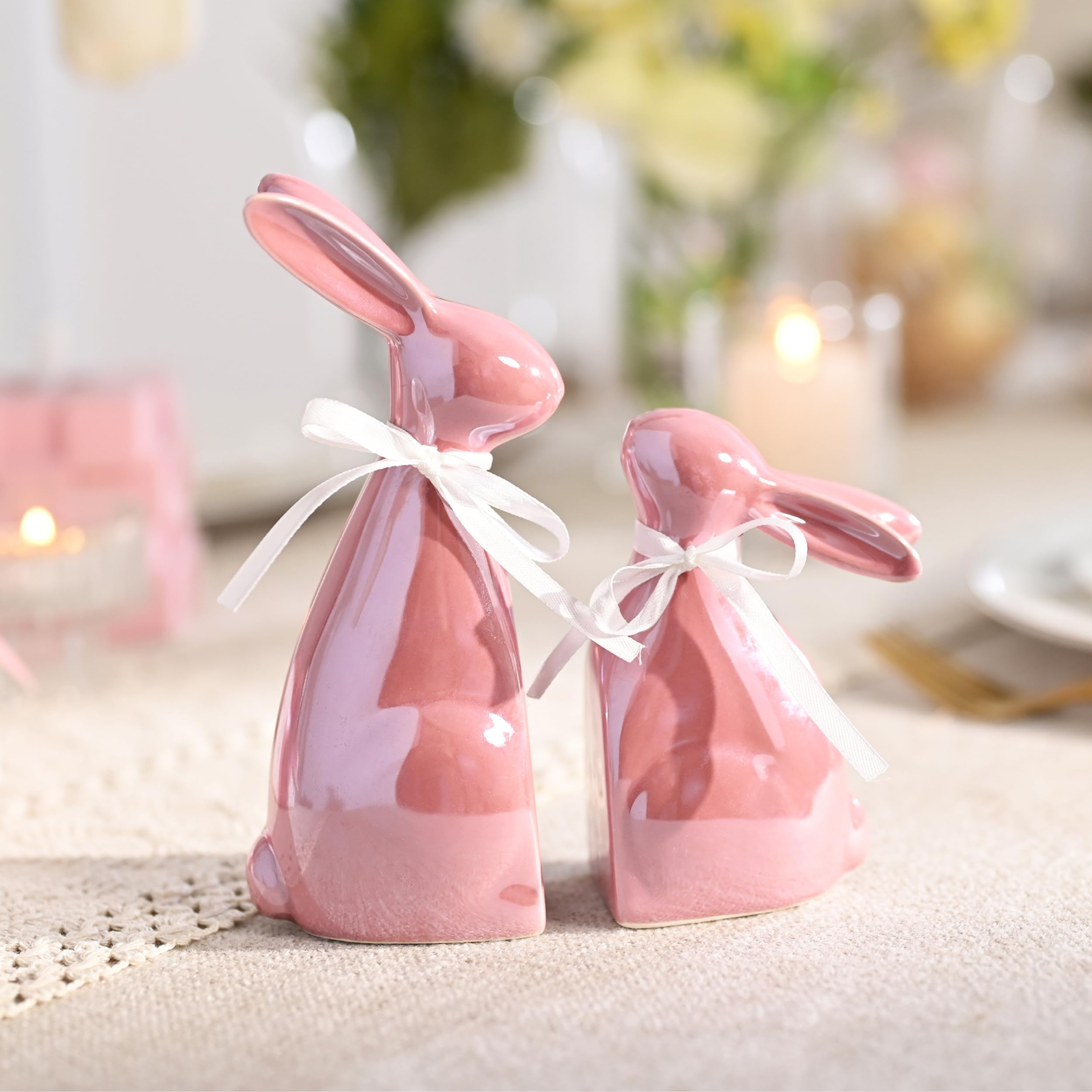 Valery Madelyn Easter Decorations, 2Pcs Bunny Decor, Pearl Pink Ceramic Rabbit Statue Figurine for Home, Spring Easter Gift Tiered Tray Decorations for Indoor Table Centerpieces，6.3 Inch