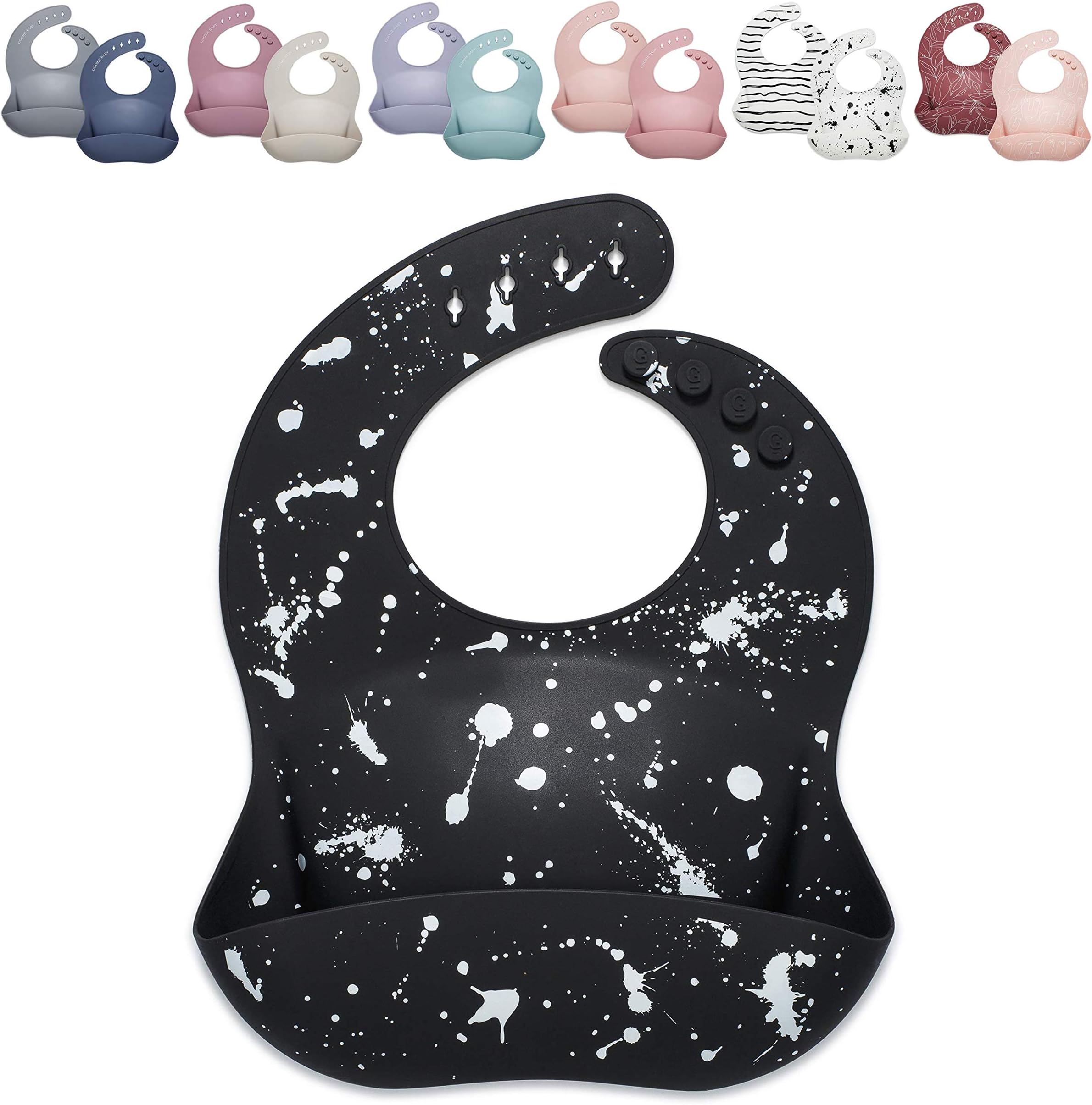 Goobie Baby Silicone Baby Bib with Food Catcher - Adjustable Waterproof Feeding Bib for Babies and Toddlers 4 to 36 Months for Girl and Boy - Modern, Soft, Easy to Clean (Paint Splatter on Black)