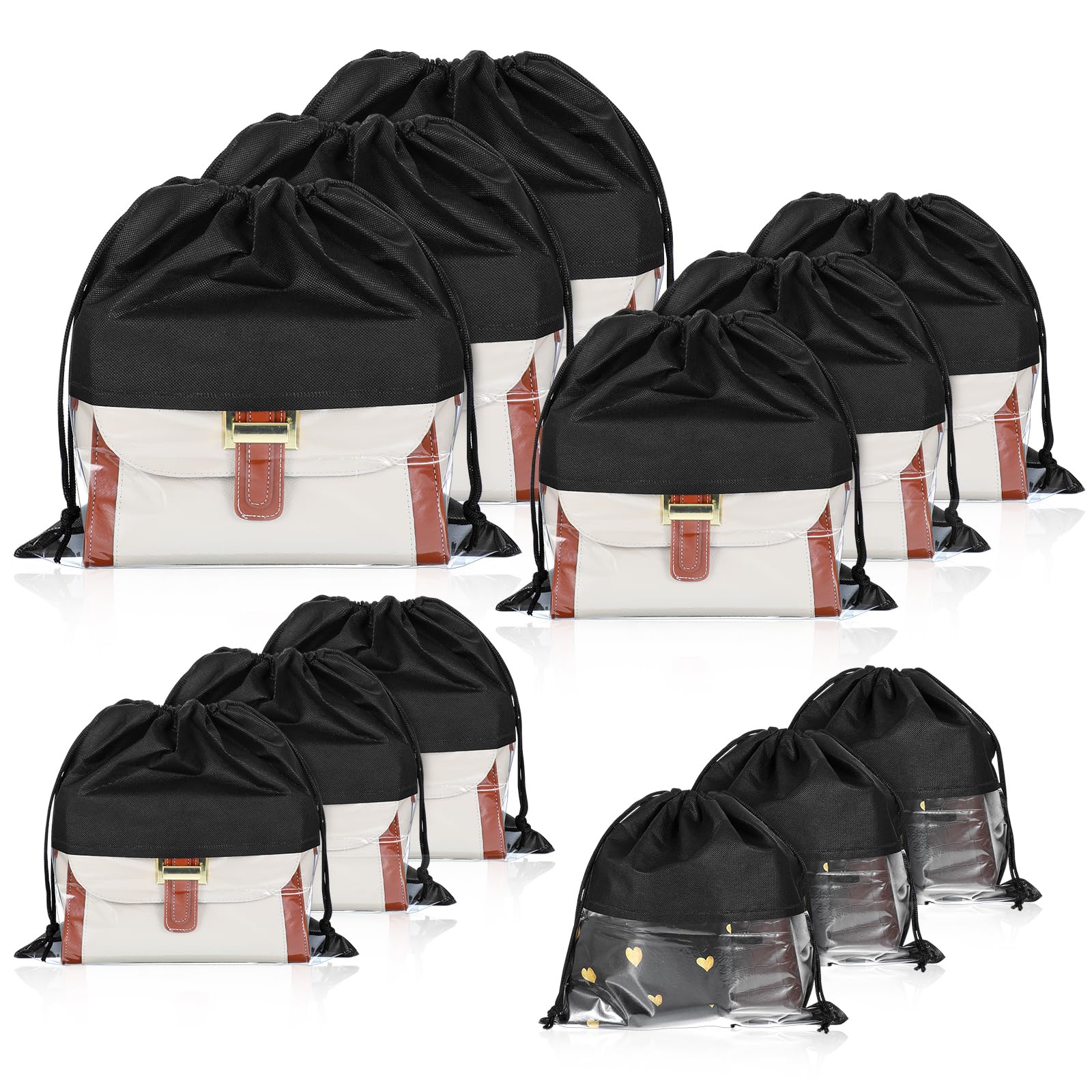 Photo 1 of 12 Pcs Dustproof Drawstring Bags for Handbags Purse Dust Bags Shoe Bags for Travel Dust Storage Bags Covers String Packing Organizer (Black, 4 Sizes)