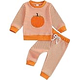 Fufuriprefer Toddler Baby Girl Halloween Outfit Pumpkin Ghost Stripe Waffle Knit Sweatshirt & Pants Set Fall Clothes